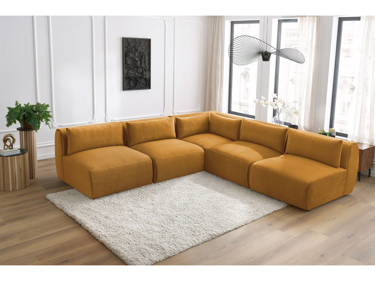 Canapé d'angle fixe modulable JEANNE tissu velours avec 4 chauffeuses et 1 angle