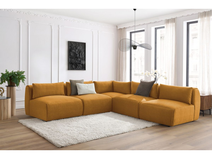 Canapé d'angle fixe modulable JEANNE tissu velours avec 4 chauffeuses et 1 angle