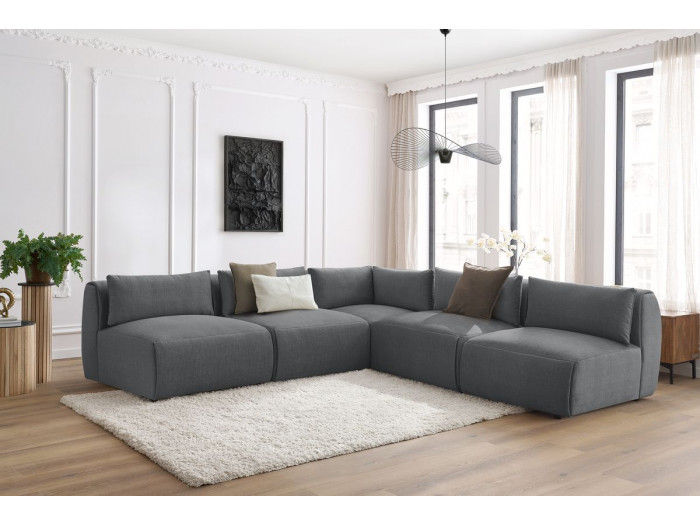 Canapé d'angle fixe modulable JEANNE tissu velours avec 4 chauffeuses et 1 angle