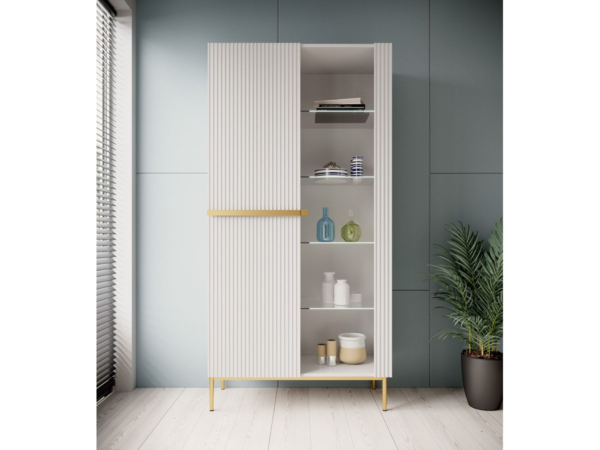 Meuble vitrine H200 cm 2 portes KASHA pieds or blanc