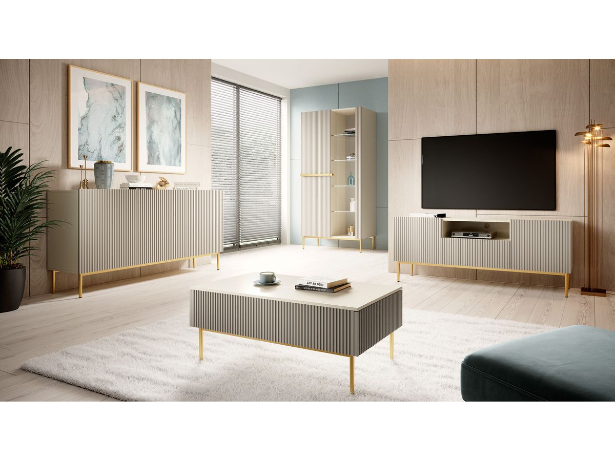 Meuble vitrine H200 cm 2 portes KASHA pieds or beige — vue 4