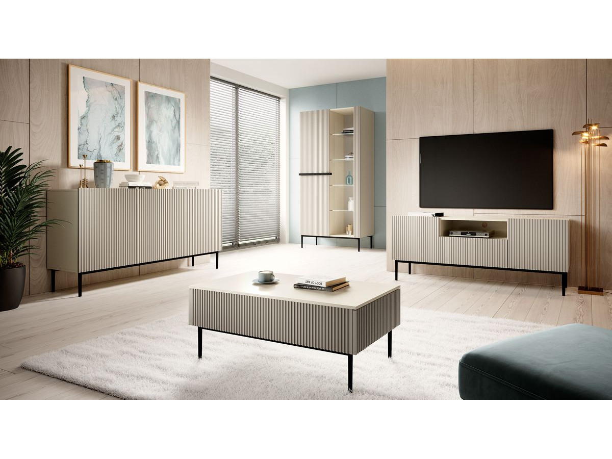 Meuble vitrine H200 cm 2 portes KASHA pieds noirs beige — vue 4