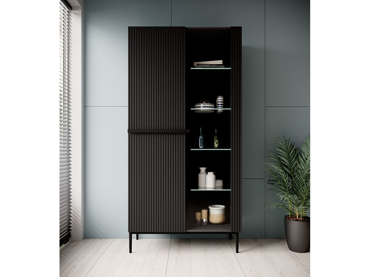 Meuble vitrine H200 cm 2 portes KASHA pieds noirs