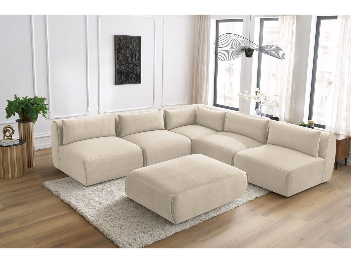 JEANNE modulaire vaste hoekbank in fluwelen stof met 4 fauteuils, 1 hoek en 1 poef
