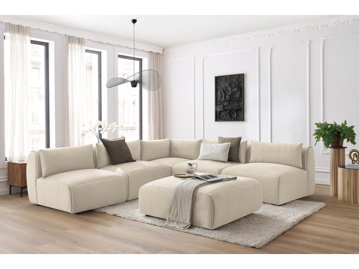 JEANNE modulaire vaste hoekbank in fluwelen stof met 4 fauteuils, 1 hoek en 1 poef