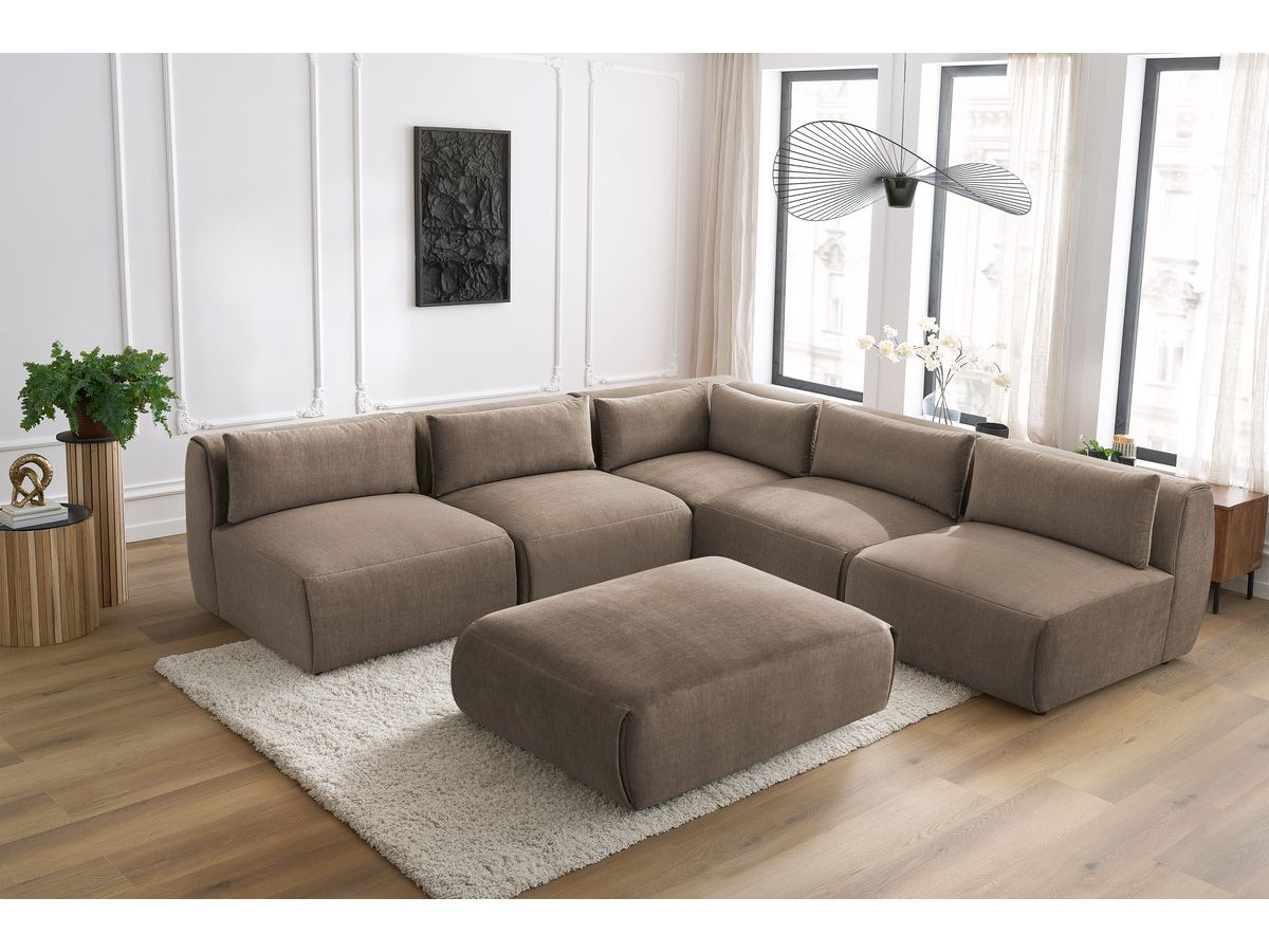 JEANNE modulaire vaste hoekbank in fluwelen stof met 4 fauteuils, 1 hoek en 1 poef