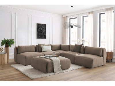 Canapé d'angle fixe modulable JEANNE tissu velours avec 4 chauffeuses, 1 angle et 1 pouf