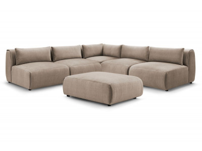 Canapé d'angle fixe modulable JEANNE tissu velours avec 4 chauffeuses, 1 angle et 1 pouf