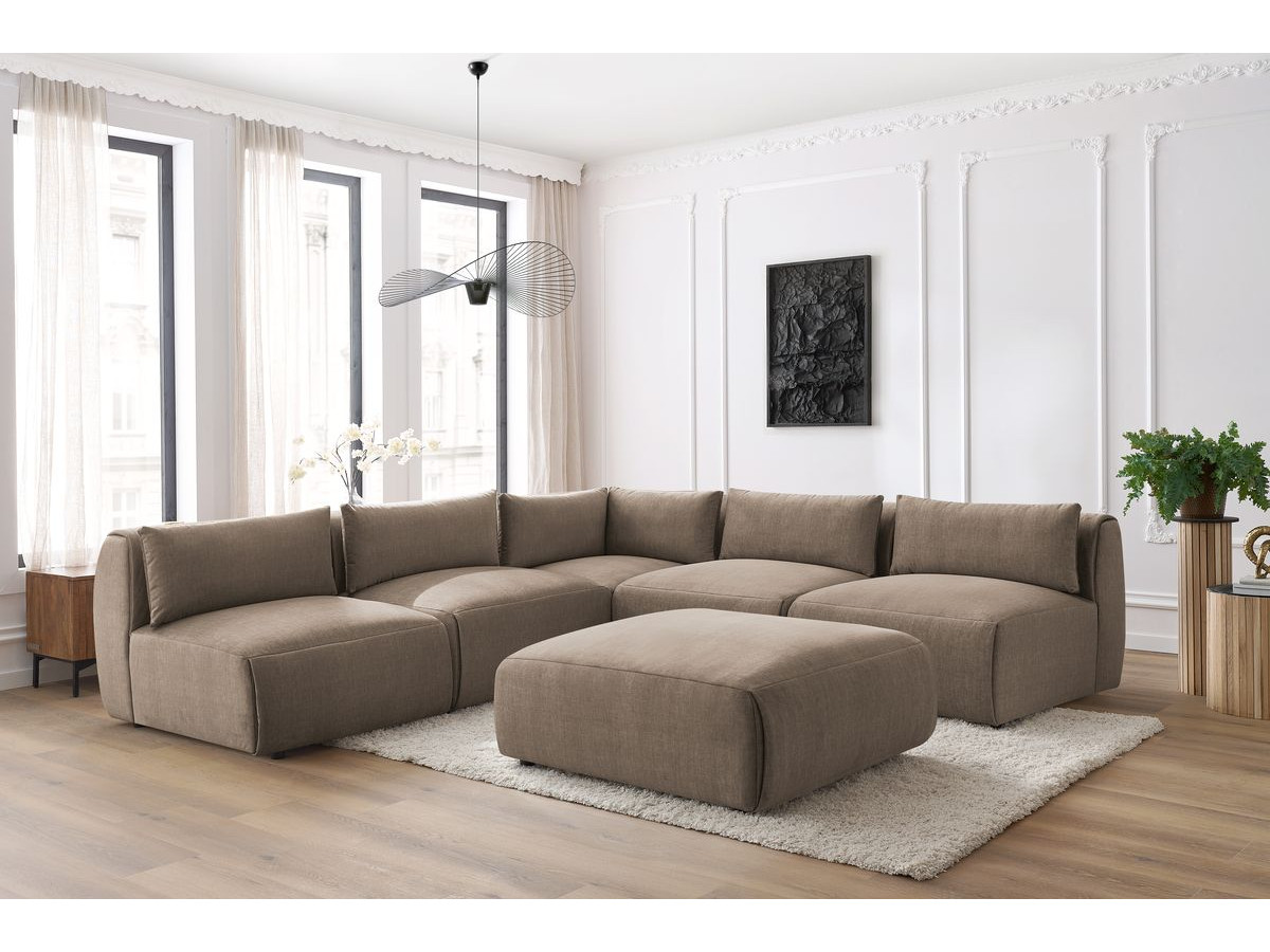 JEANNE modulaire vaste hoekbank in fluwelen stof met 4 fauteuils, 1 hoek en 1 poef