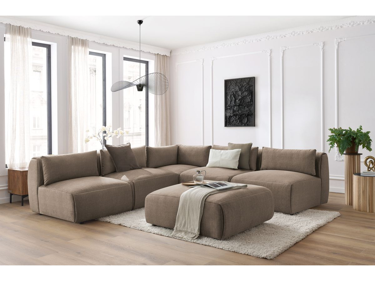 JEANNE modulaire vaste hoekbank in fluwelen stof met 4 fauteuils, 1 hoek en 1 poef