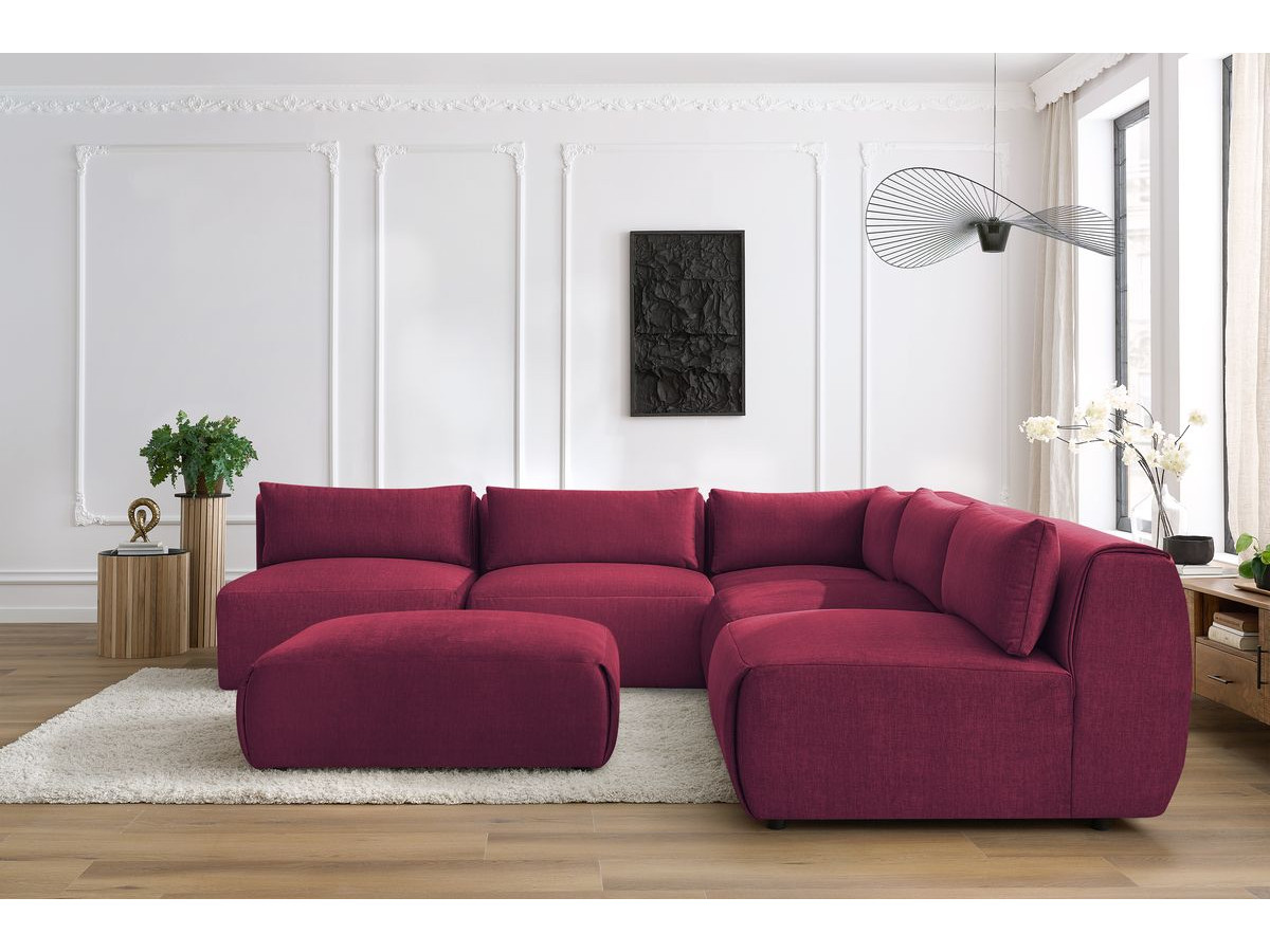 Canapé d'angle fixe modulable JEANNE tissu velours avec 4 chauffeuses, 1 angle et 1 pouf