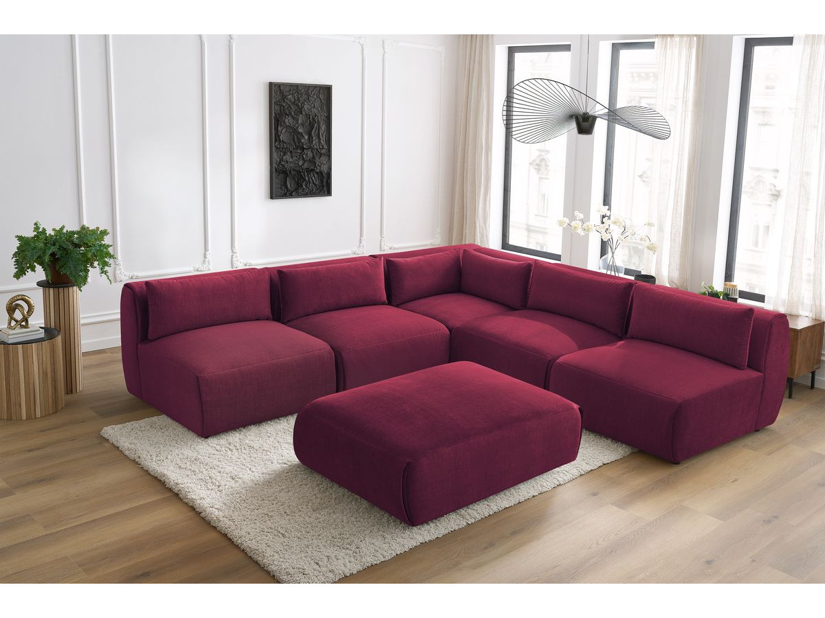 Canapé d'angle fixe modulable JEANNE tissu velours avec 4 chauffeuses, 1 angle et 1 pouf