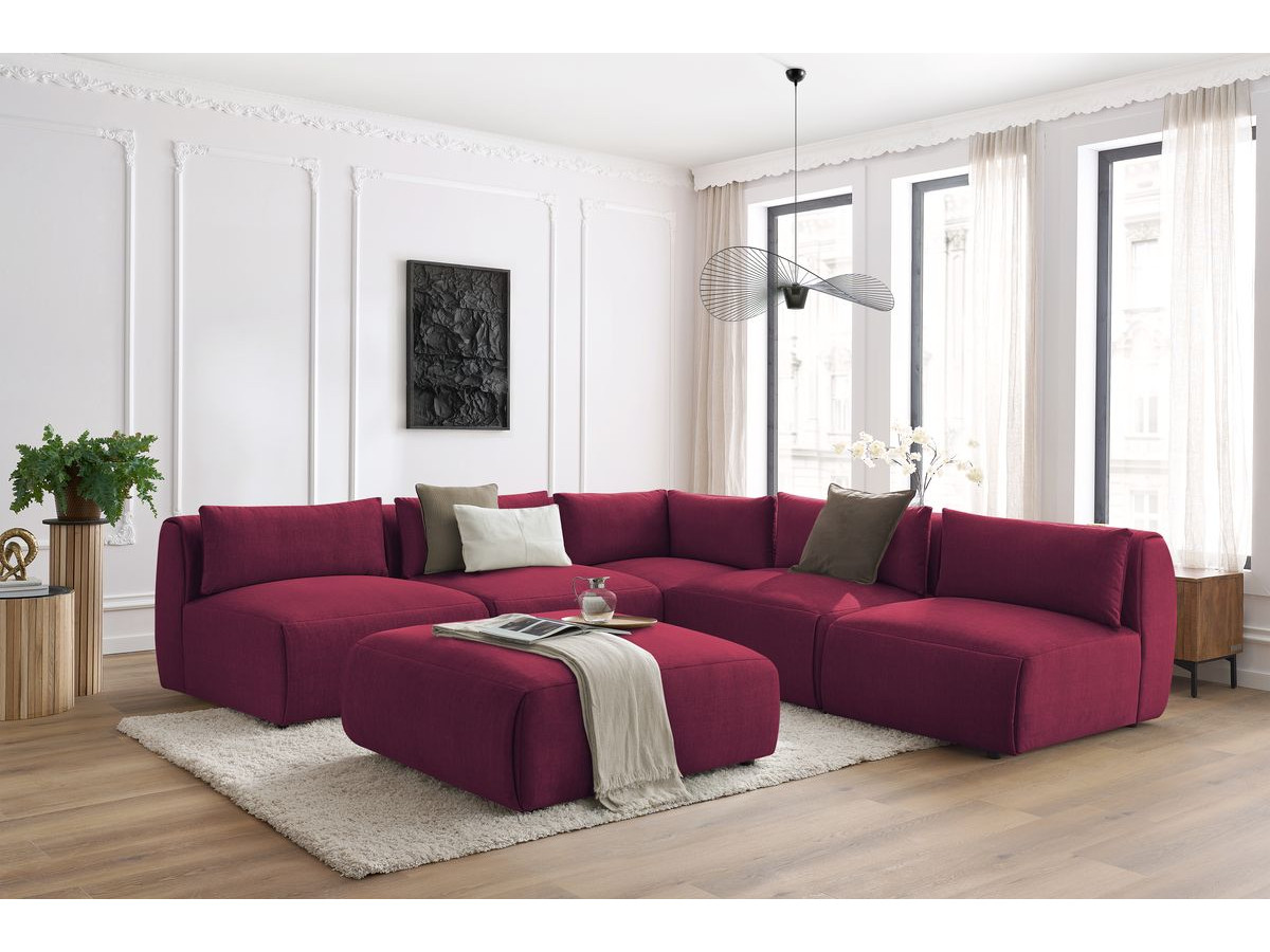 Canapé d'angle fixe modulable JEANNE tissu velours avec 4 chauffeuses, 1 angle et 1 pouf