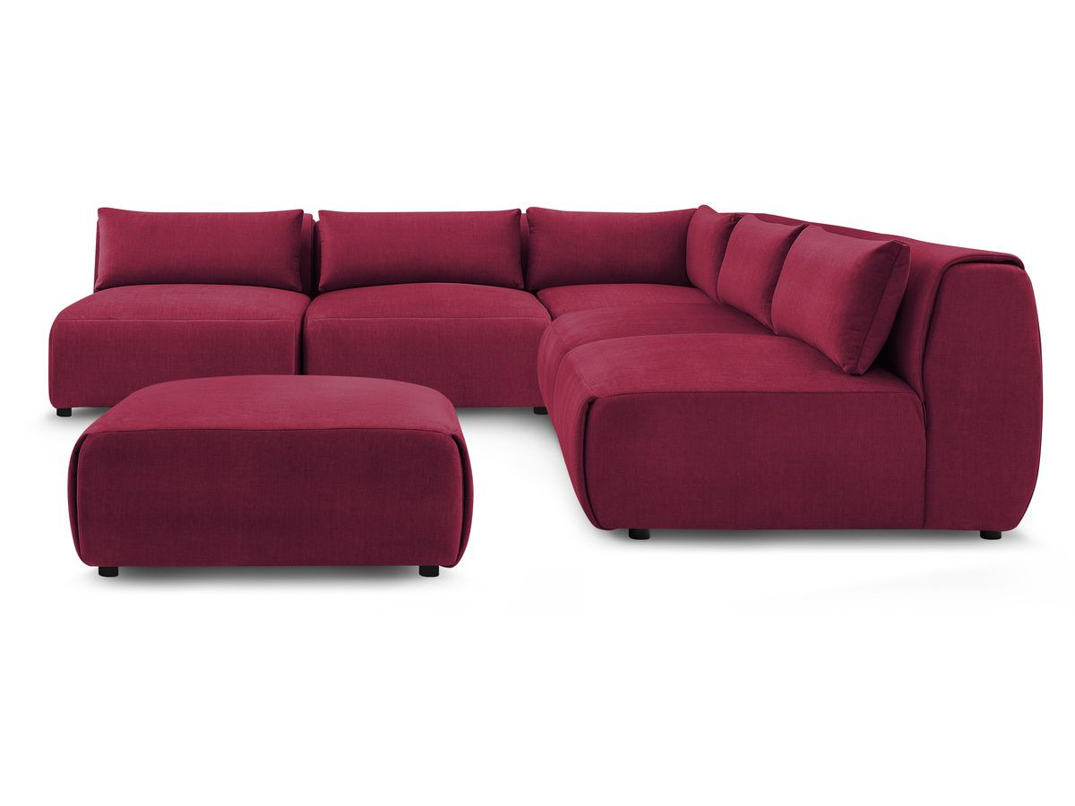 Canapé d'angle fixe modulable JEANNE tissu velours avec 4 chauffeuses, 1 angle et 1 pouf