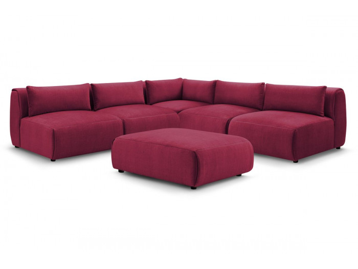 Canapé d'angle fixe modulable JEANNE tissu velours avec 4 chauffeuses, 1 angle et 1 pouf