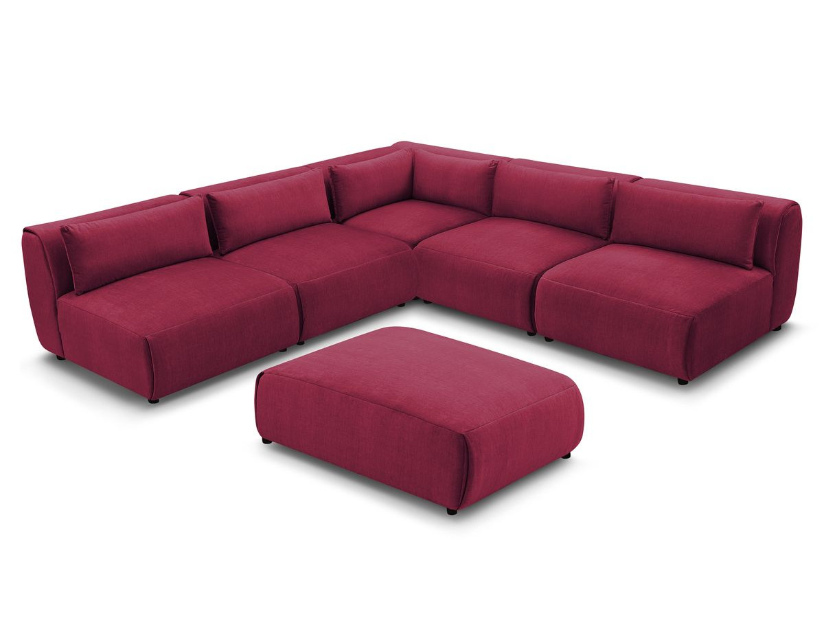 Canapé d'angle fixe modulable JEANNE tissu velours avec 4 chauffeuses, 1 angle et 1 pouf