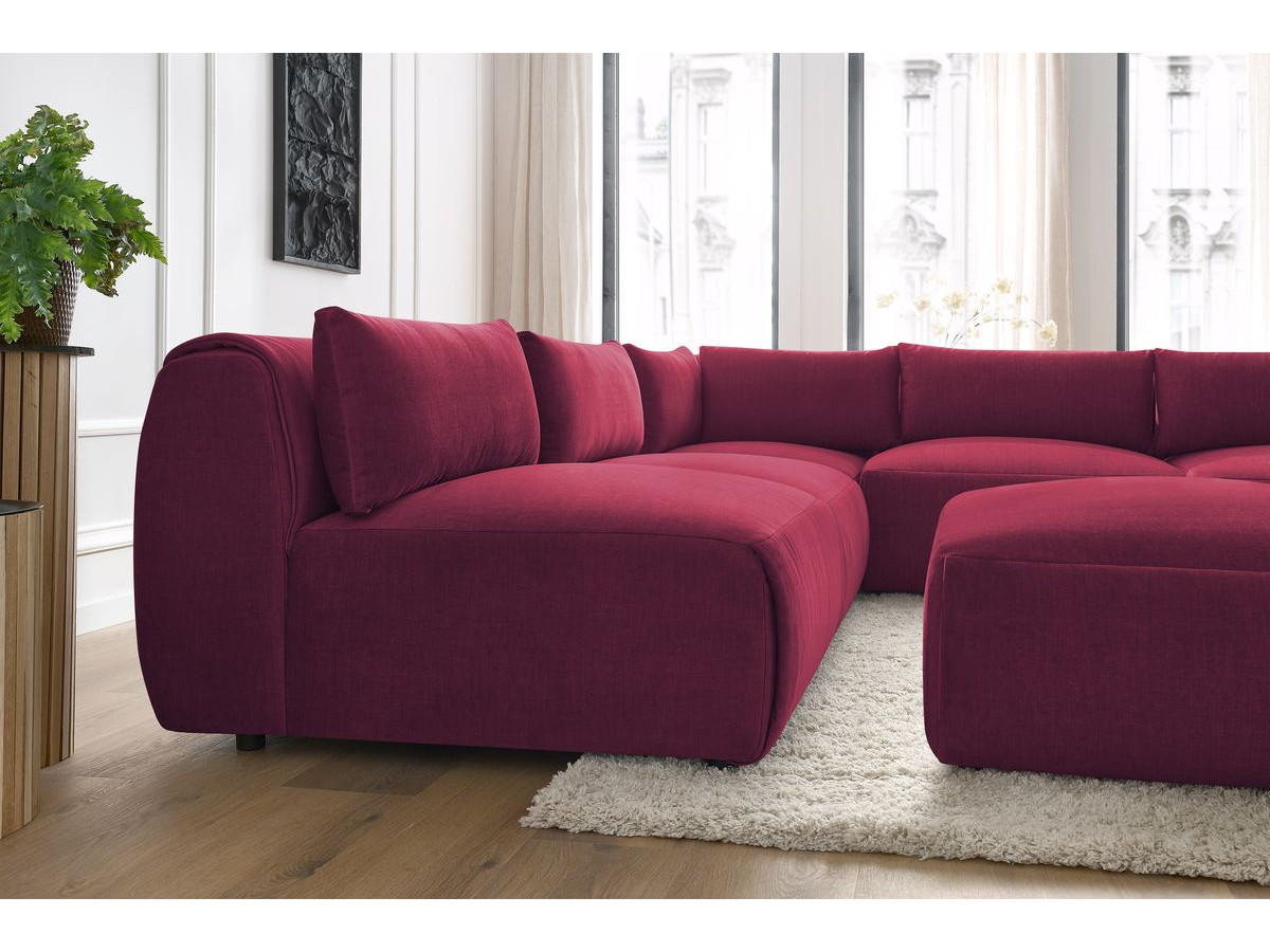 Canapé d'angle fixe modulable JEANNE tissu velours avec 4 chauffeuses, 1 angle et 1 pouf
