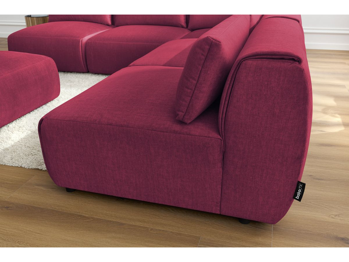 Canapé d'angle fixe modulable JEANNE tissu velours avec 4 chauffeuses, 1 angle et 1 pouf