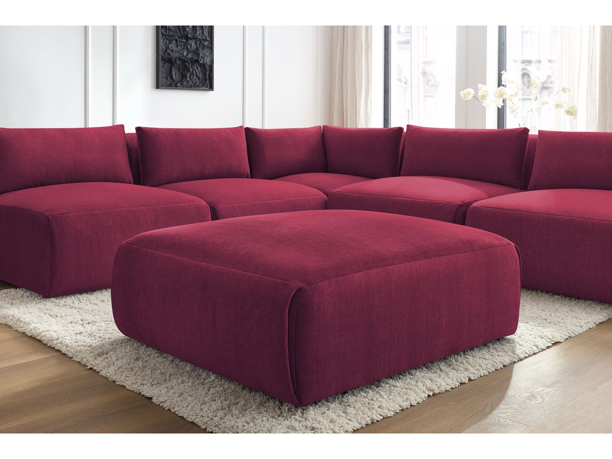 Canapé d'angle fixe modulable JEANNE tissu velours avec 4 chauffeuses, 1 angle et 1 pouf