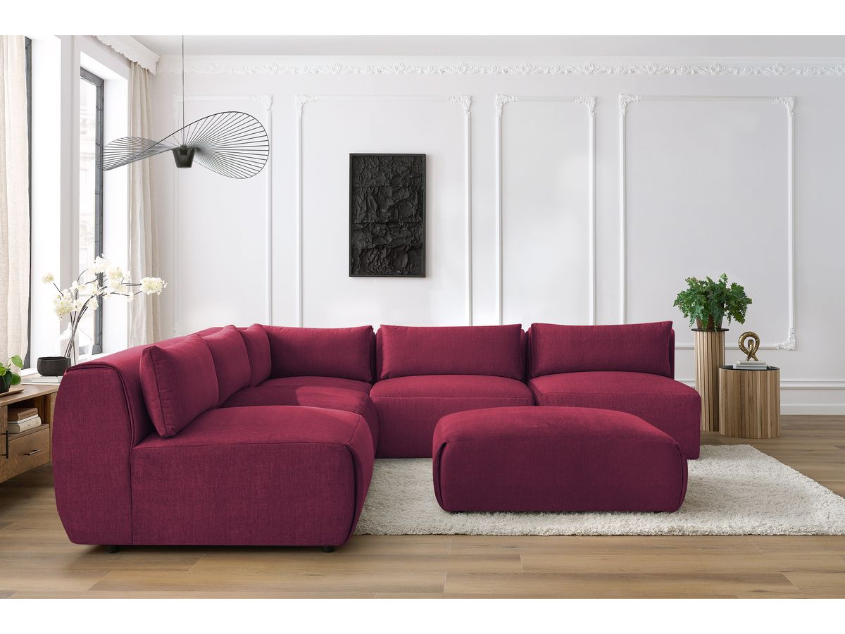 Canapé d'angle fixe modulable JEANNE tissu velours avec 4 chauffeuses, 1 angle et 1 pouf