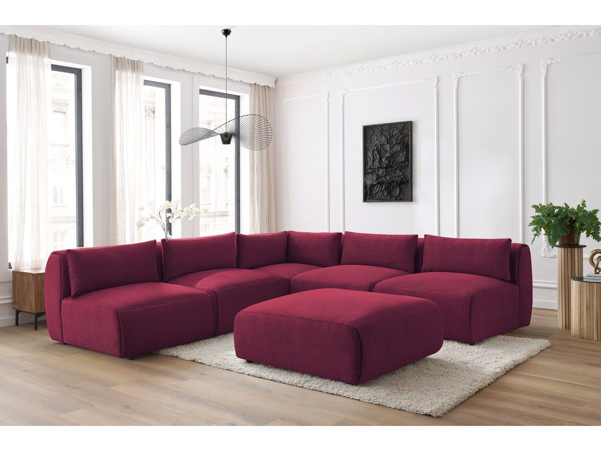 Canapé d'angle fixe modulable JEANNE tissu velours avec 4 chauffeuses, 1 angle et 1 pouf