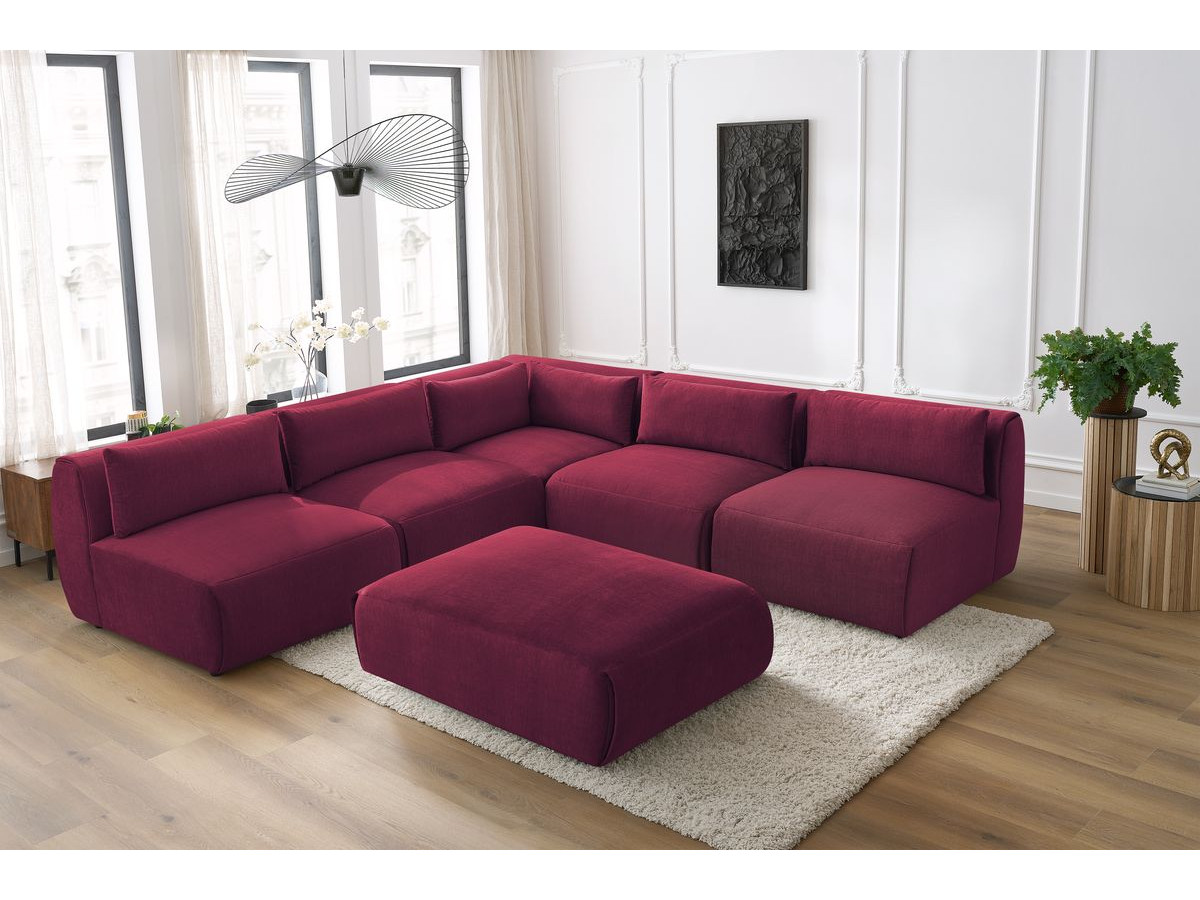 Canapé d'angle fixe modulable JEANNE tissu velours avec 4 chauffeuses, 1 angle et 1 pouf