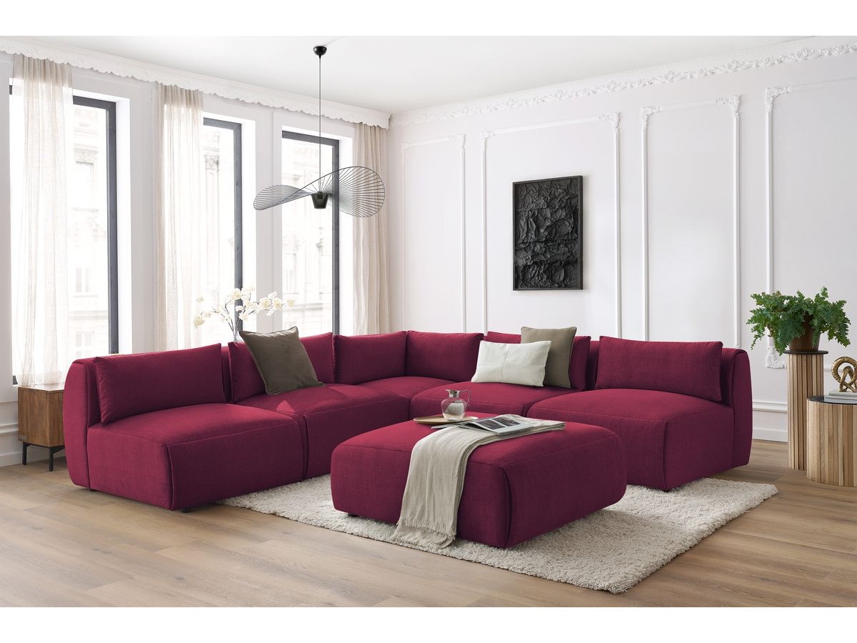 Canapé d'angle fixe modulable JEANNE tissu velours avec 4 chauffeuses, 1 angle et 1 pouf
