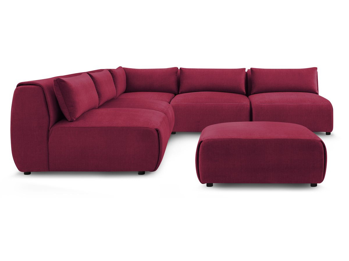 Canapé d'angle fixe modulable JEANNE tissu velours avec 4 chauffeuses, 1 angle et 1 pouf