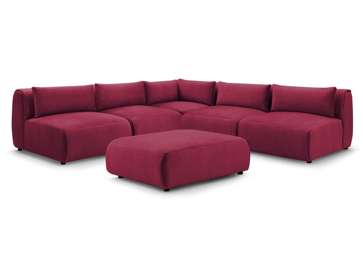 Canapé d'angle fixe modulable JEANNE tissu velours avec 4 chauffeuses, 1 angle et 1 pouf