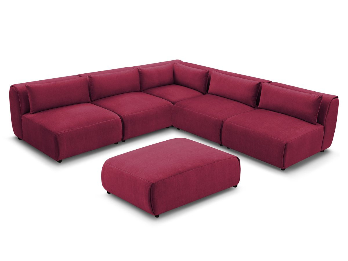 Canapé d'angle fixe modulable JEANNE tissu velours avec 4 chauffeuses, 1 angle et 1 pouf