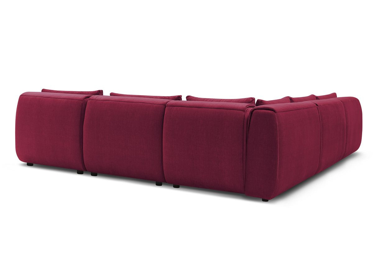 Canapé d'angle fixe modulable JEANNE tissu velours avec 4 chauffeuses, 1 angle et 1 pouf