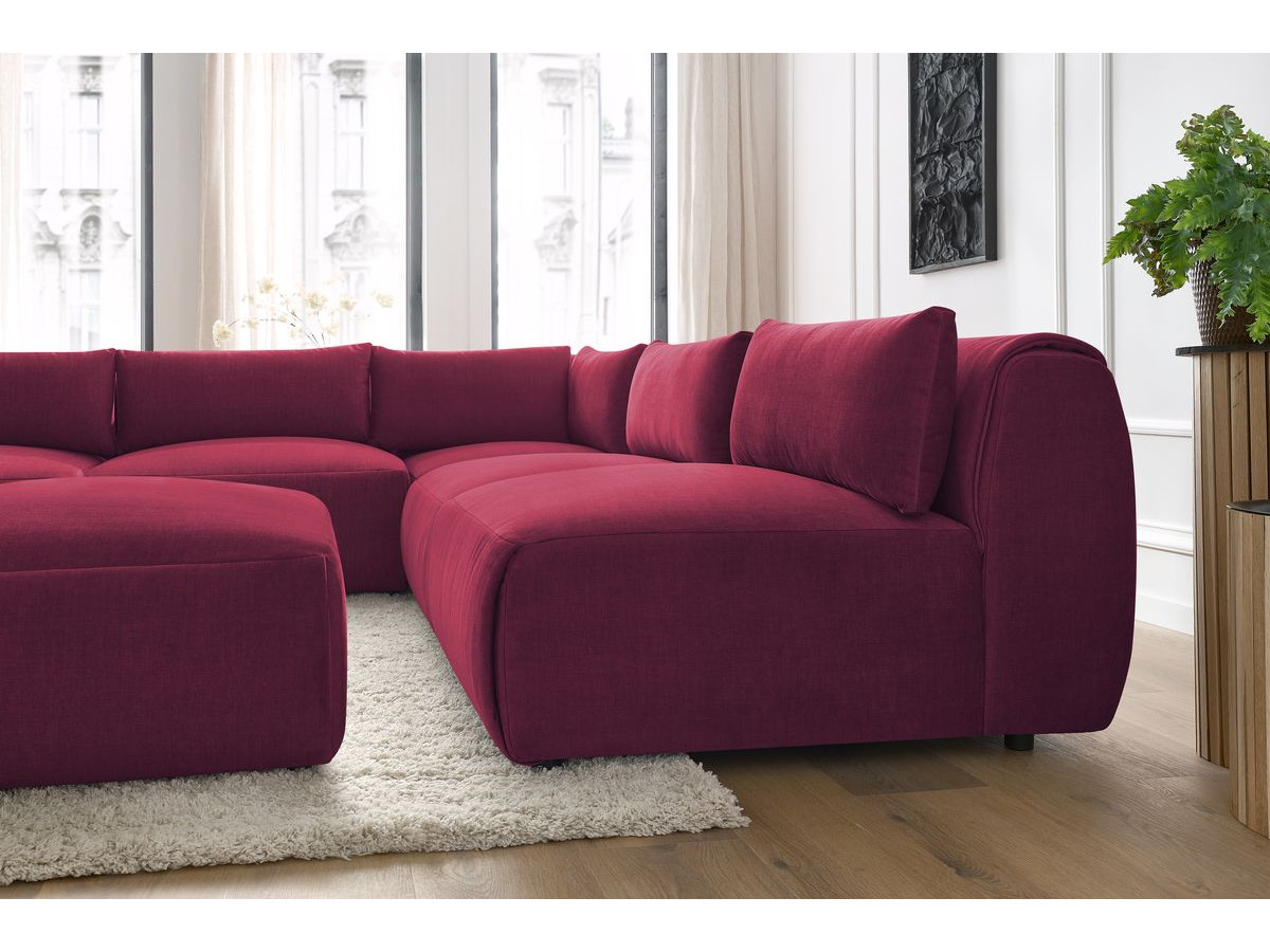 Canapé d'angle fixe modulable JEANNE tissu velours avec 4 chauffeuses, 1 angle et 1 pouf