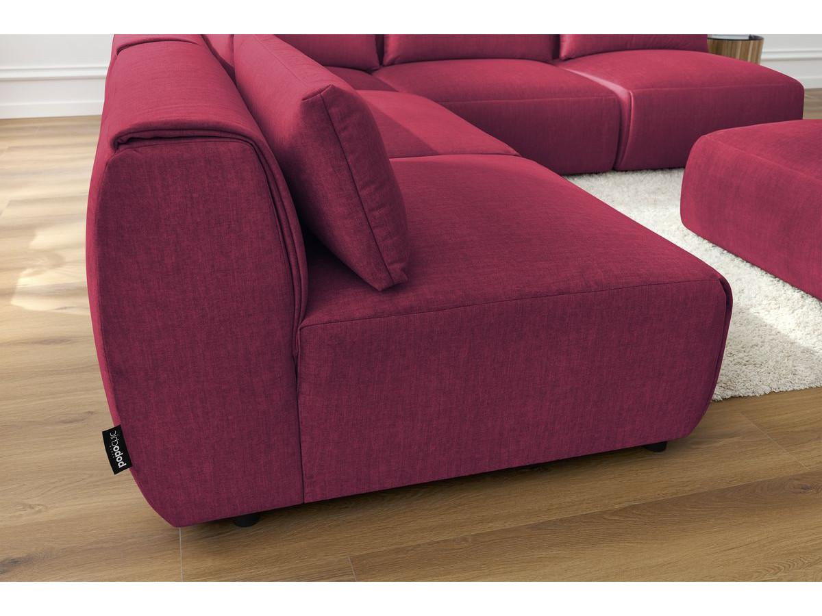 Canapé d'angle fixe modulable JEANNE tissu velours avec 4 chauffeuses, 1 angle et 1 pouf