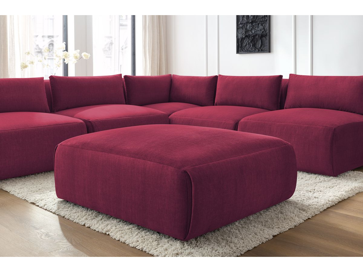 Canapé d'angle fixe modulable JEANNE tissu velours avec 4 chauffeuses, 1 angle et 1 pouf