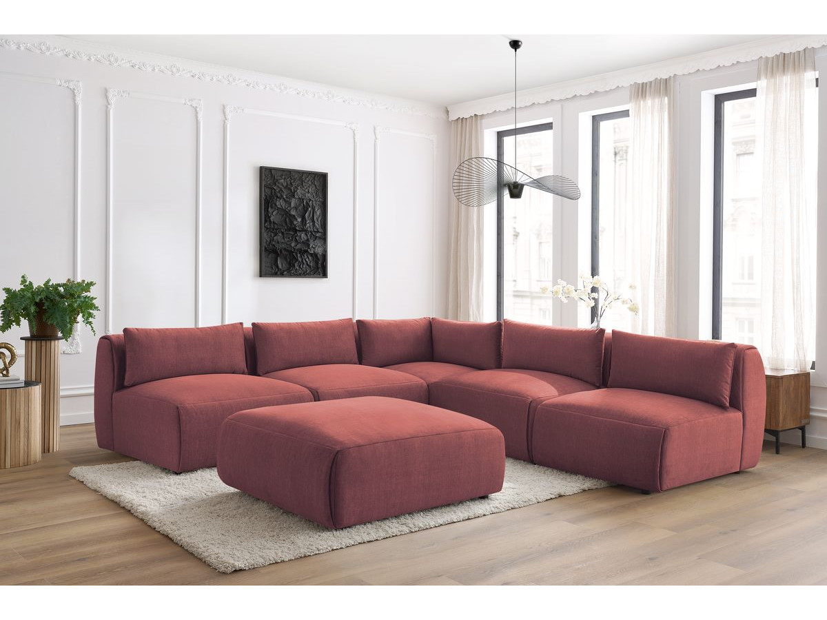 Canapé d'angle fixe modulable JEANNE tissu velours avec 4 chauffeuses, 1 angle et 1 pouf