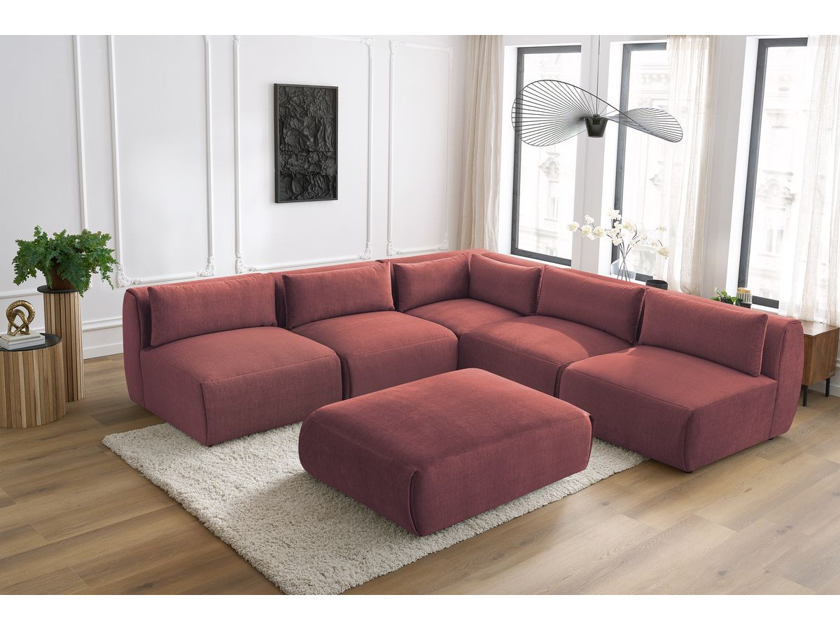 JEANNE modulaire vaste hoekbank in fluwelen stof met 4 fauteuils, 1 hoek en 1 poef