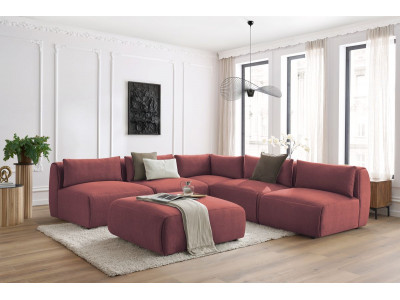 Canapé d'angle fixe modulable JEANNE tissu velours avec 4 chauffeuses, 1 angle et 1 pouf