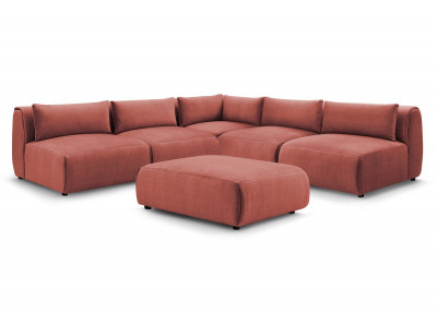Canapé d'angle fixe modulable JEANNE tissu velours avec 4 chauffeuses, 1 angle et 1 pouf