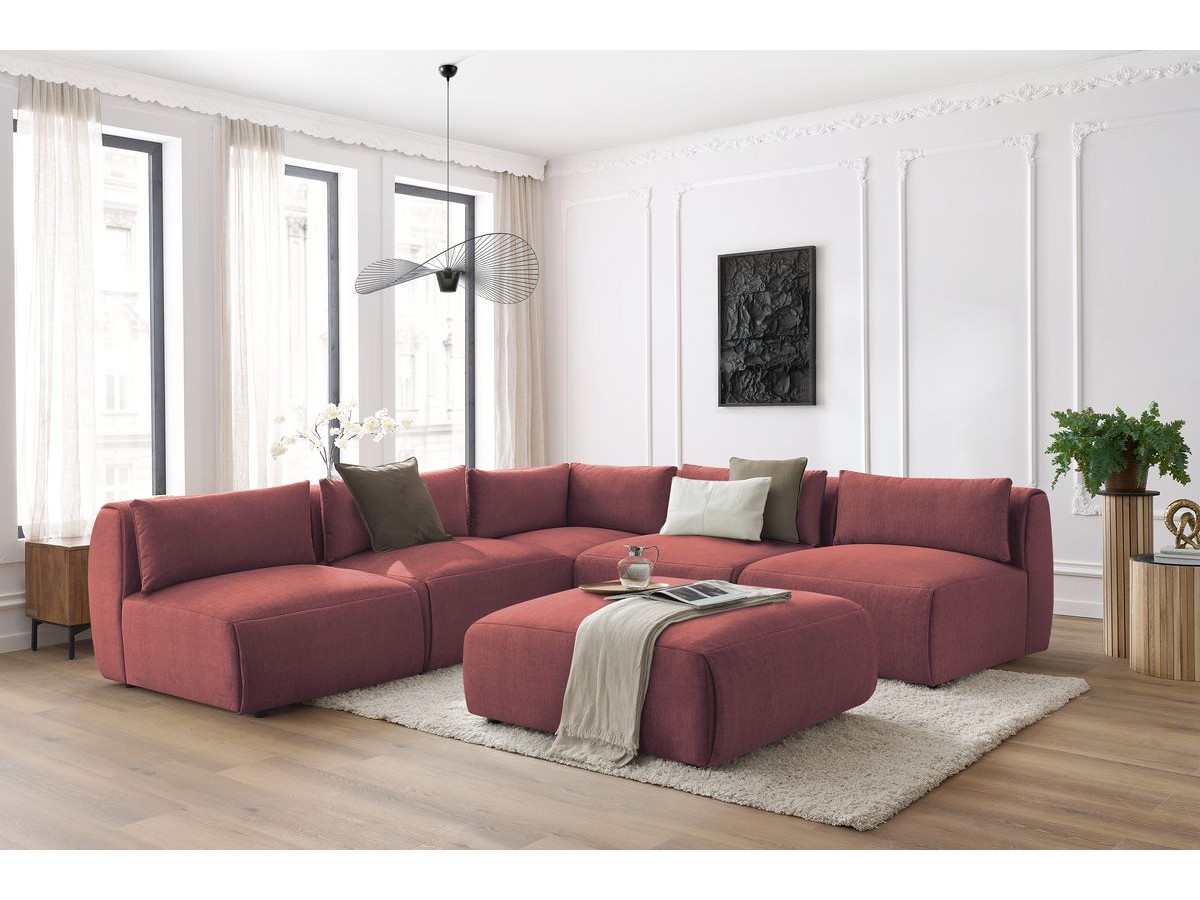 JEANNE modulaire vaste hoekbank in fluwelen stof met 4 fauteuils, 1 hoek en 1 poef