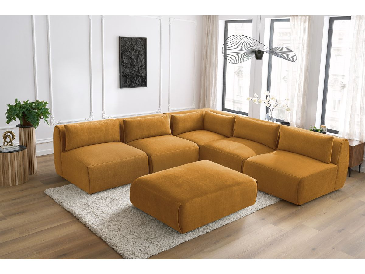 JEANNE modulaire vaste hoekbank in fluwelen stof met 4 fauteuils, 1 hoek en 1 poef