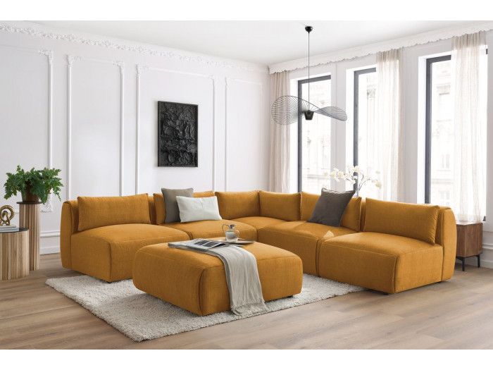 Canapé d'angle fixe modulable JEANNE tissu velours avec 4 chauffeuses, 1 angle et 1 pouf