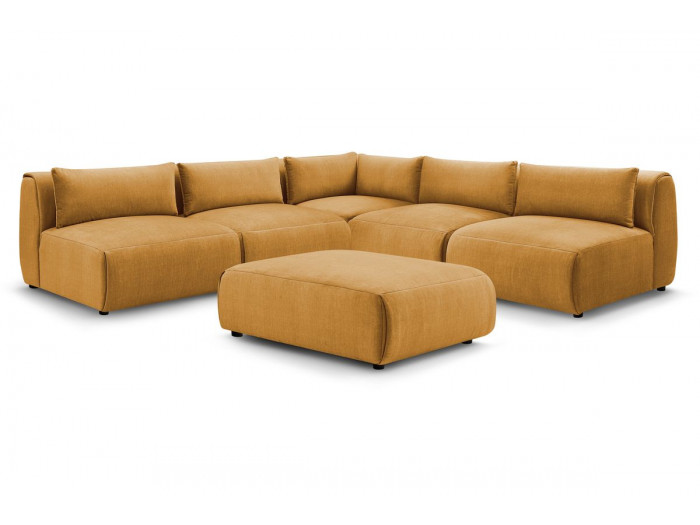 Canapé d'angle fixe modulable JEANNE tissu velours avec 4 chauffeuses, 1 angle et 1 pouf