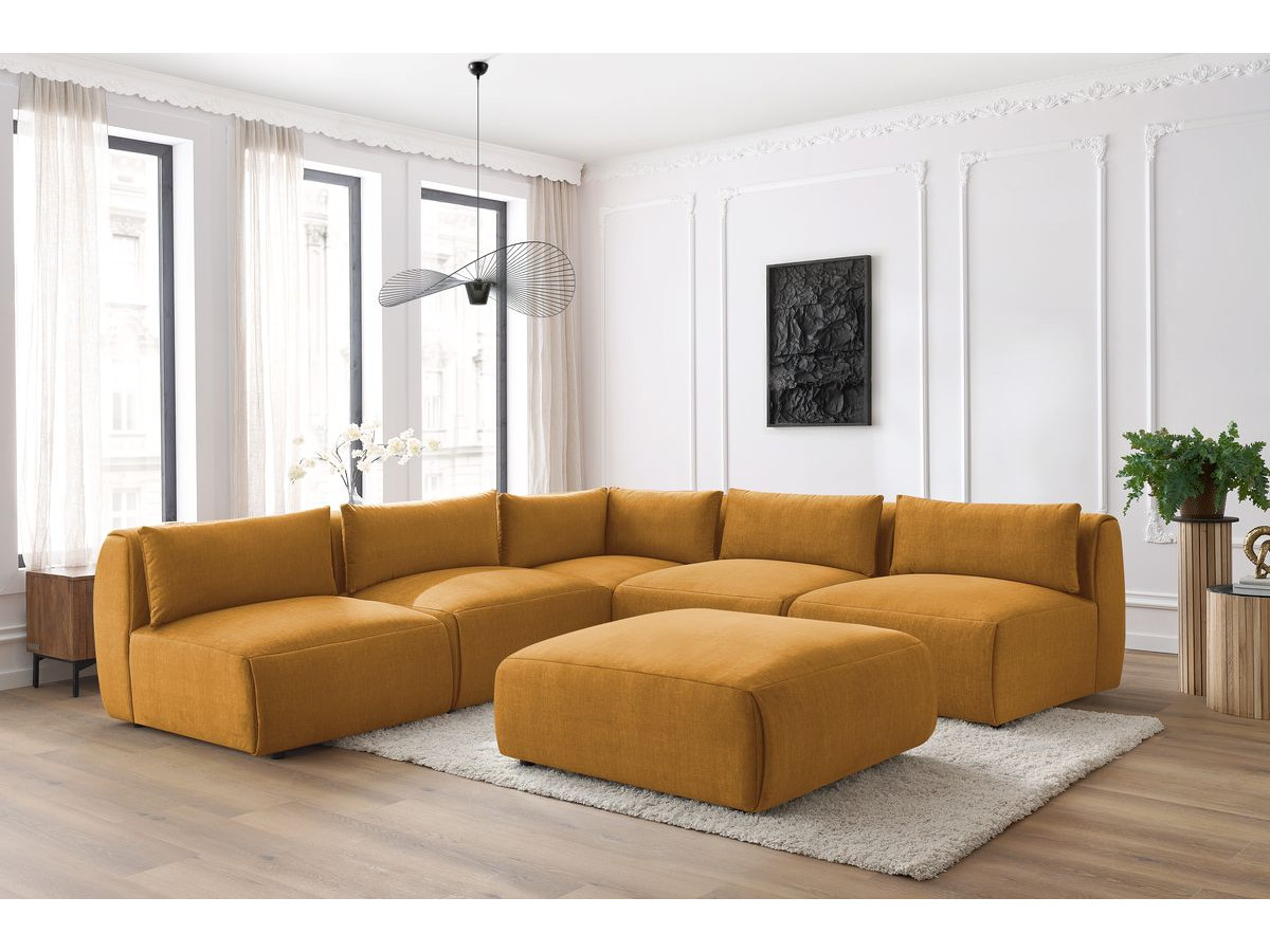 JEANNE modulaire vaste hoekbank in fluwelen stof met 4 fauteuils, 1 hoek en 1 poef