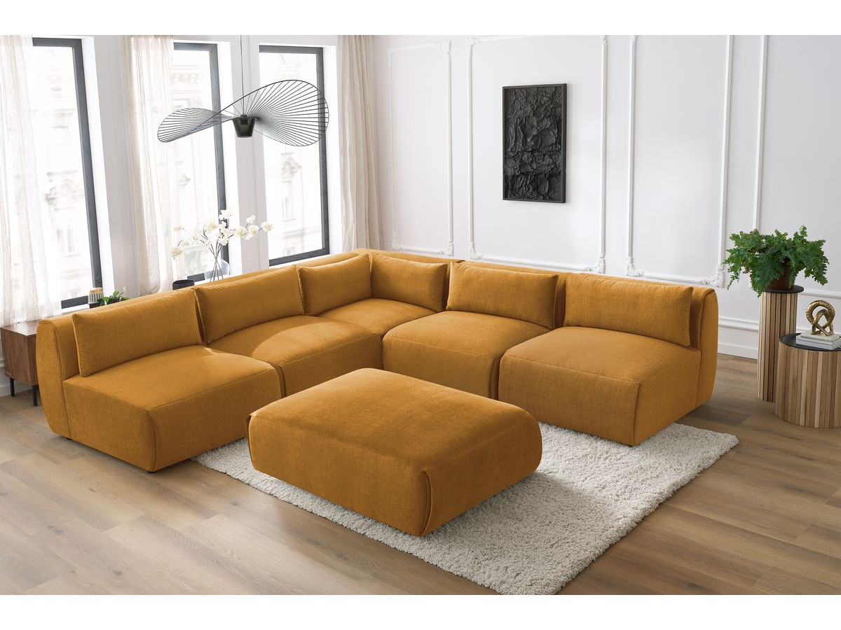 JEANNE modulaire vaste hoekbank in fluwelen stof met 4 fauteuils, 1 hoek en 1 poef