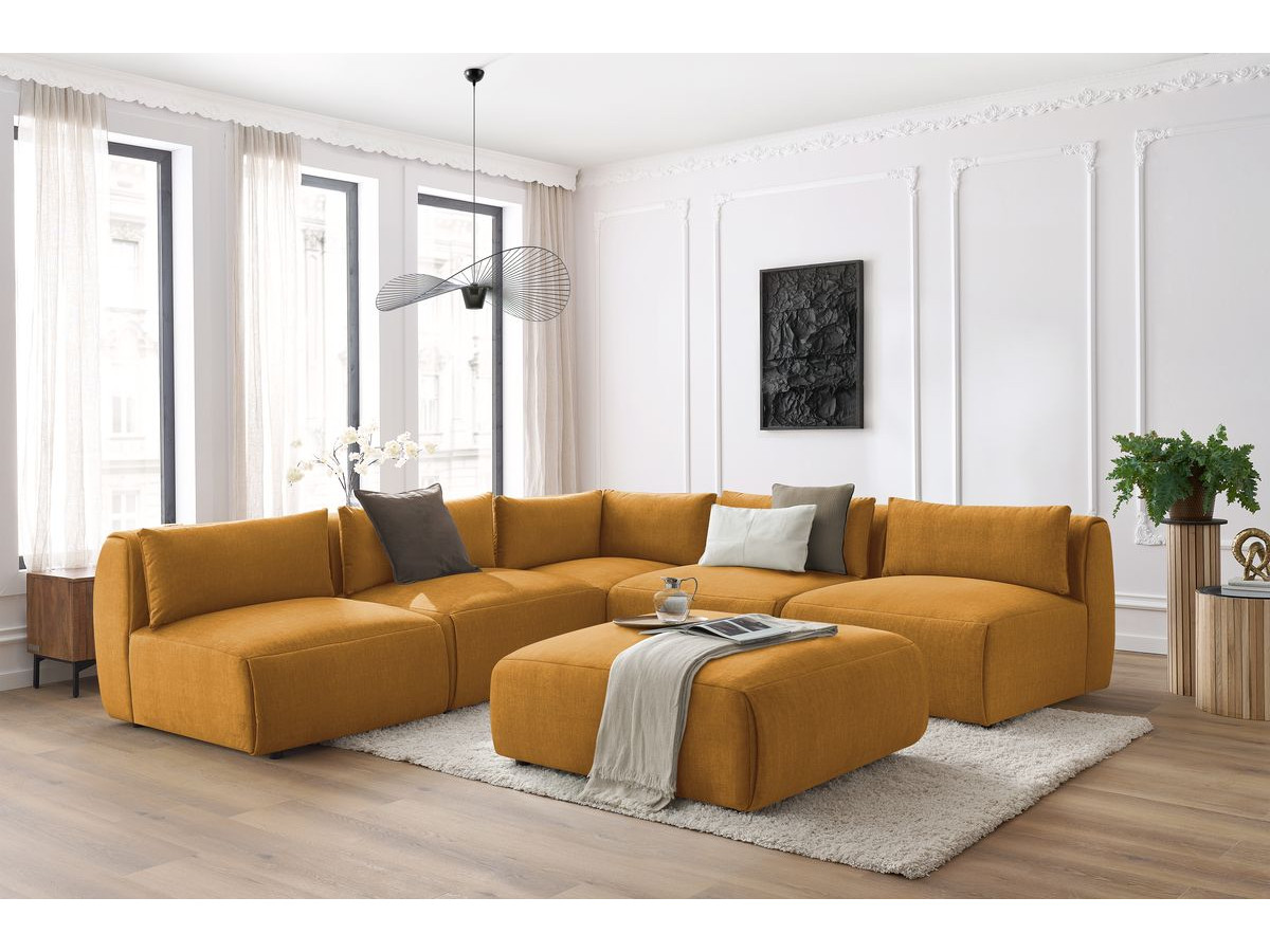 JEANNE modulaire vaste hoekbank in fluwelen stof met 4 fauteuils, 1 hoek en 1 poef