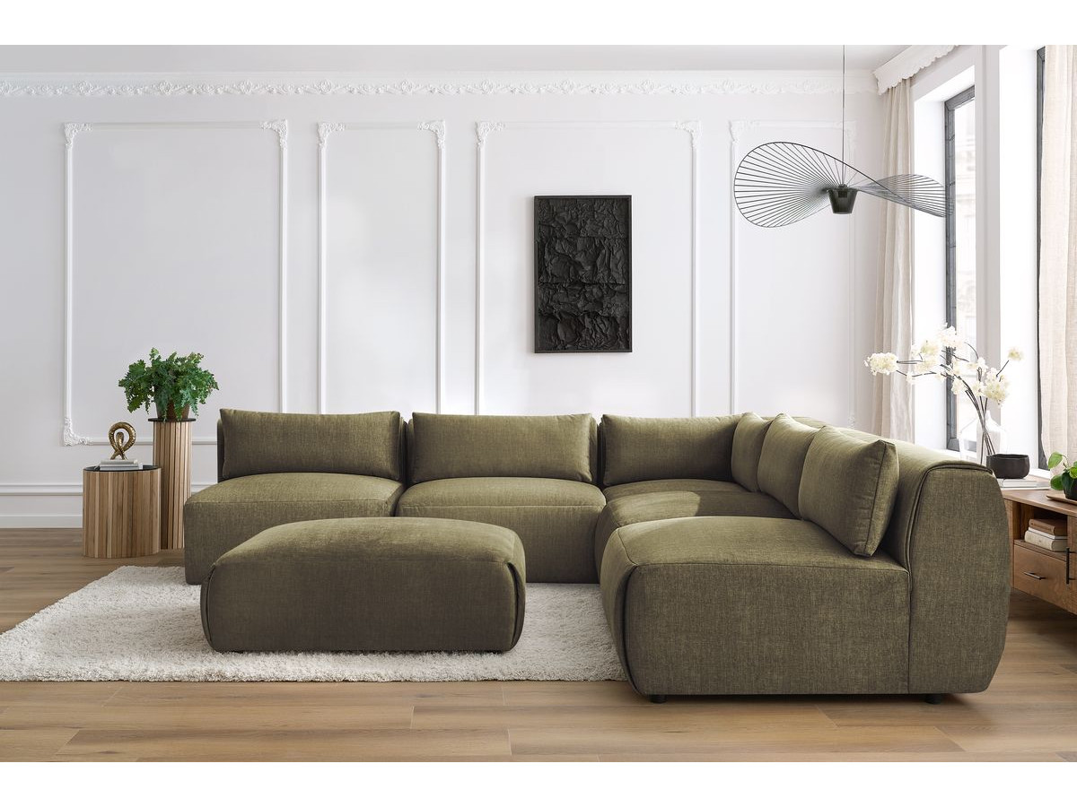 JEANNE modulaire vaste hoekbank in fluwelen stof met 4 fauteuils, 1 hoek en 1 poef