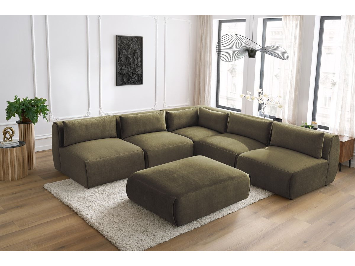 JEANNE modulaire vaste hoekbank in fluwelen stof met 4 fauteuils, 1 hoek en 1 poef