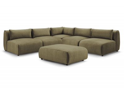 Canapé d'angle fixe modulable JEANNE tissu velours avec 4 chauffeuses, 1 angle et 1 pouf