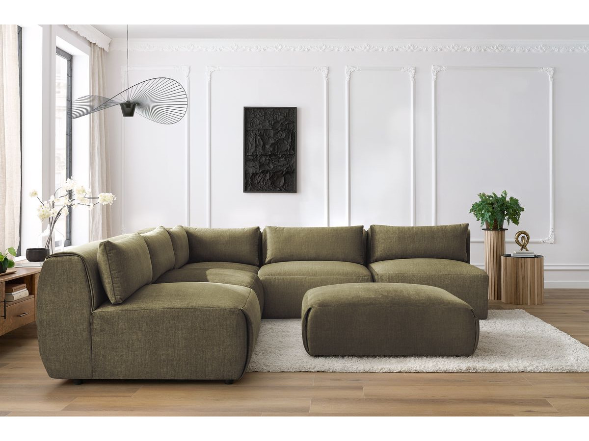 JEANNE modulaire vaste hoekbank in fluwelen stof met 4 fauteuils, 1 hoek en 1 poef