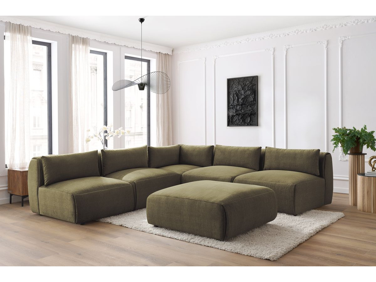 JEANNE modulaire vaste hoekbank in fluwelen stof met 4 fauteuils, 1 hoek en 1 poef